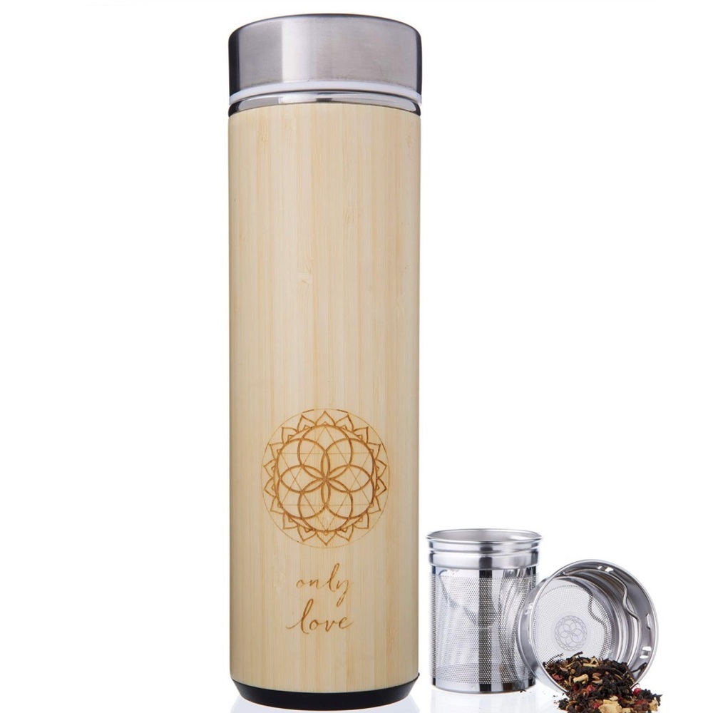 Bamboo water bottle ONLY LOVE eco friendly 18 Oz tea tumbler thermos infuser NEW